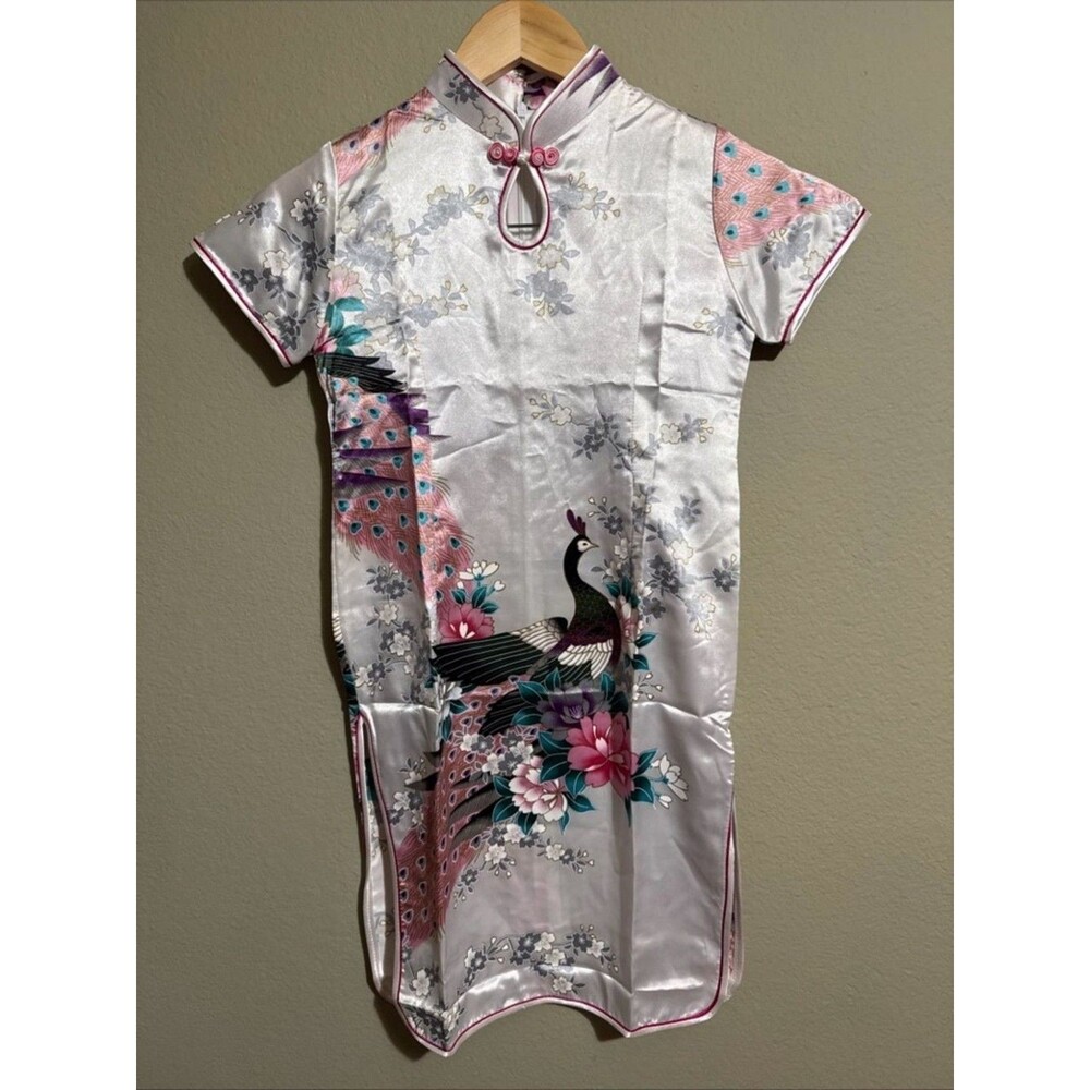 Girls 100% Silk Cheongsam / Qipao Dress - Floral Peacock Print